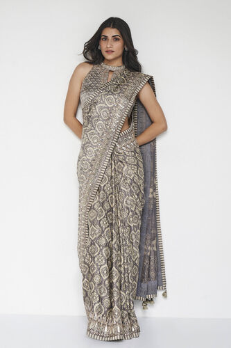 Shravani Ajrakh Hand-block Printed Silk Saree - Grey, Grey, image 4